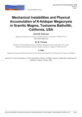 Mechanical Instabilities and Physical Accumulation of K-Feldspar Megacrysts in Granitic Magma, Tuolumne Batholith, California, USA Scott R