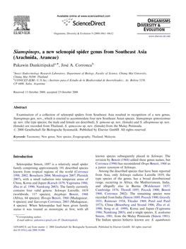 Siamspinops, a New Selenopid Spider Genus from Southeast Asia (Arachnida, Araneae) Pakawin Dankittipakula,Ã, Jose´ A