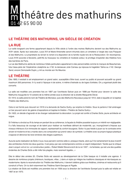 Le Théâtre Des Mathurins, Un Siècle De Création La