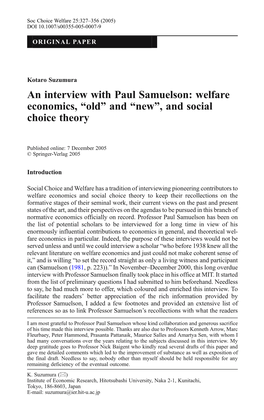 An Interview with Paul Samuelson: Welfare Economics, “Old” and “New”, and Social Choice Theory