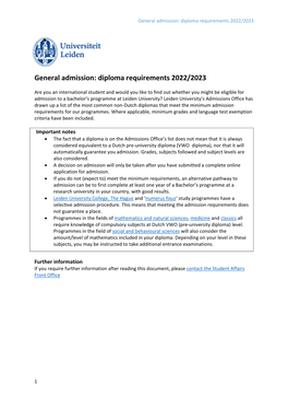 General Admission: Diploma Requirements 2021/2022