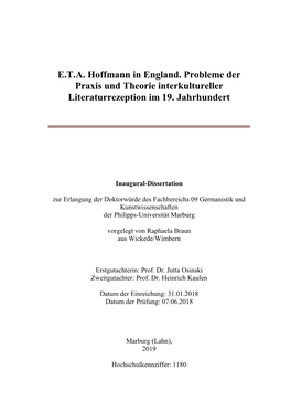 E.T.A. Hoffmann in England. Probleme Der Praxis Und Theorie Interkultureller Literaturrezeption Im 19