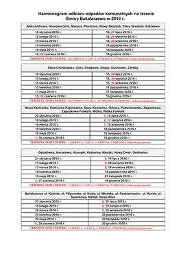 Harmonogram Odbioru Odpadów Komunalnych Na Terenie Gminy Bakałarzewo W 2016 R
