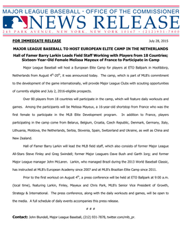 For Immediate Release Major League