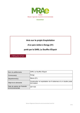 Avis Sur Le Projet D'exploitation D'un Parc Éolien À Songy (51) Porté Par La SARL Le Souffle D'espoir