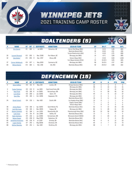 Winnipeg Jets (NHL) 19 6-7-1 3.28 .895 32 Cole Kehler* 6’4 205 R Dec