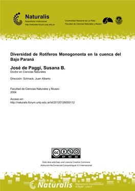 Diversidad De Rotíferos Monogononta En La Cuenca Del Bajo Paraná José De Paggi, Susana B
