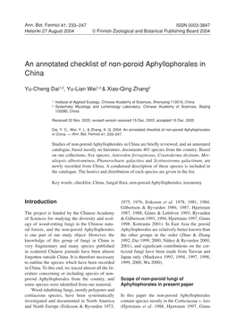 An Annotated Checklist of Non-Poroid Aphyllophorales in China