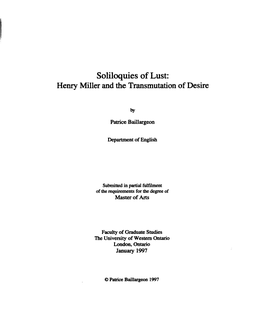 Soliloquies of Lust: Henry Miller and the Transmutation of Desire