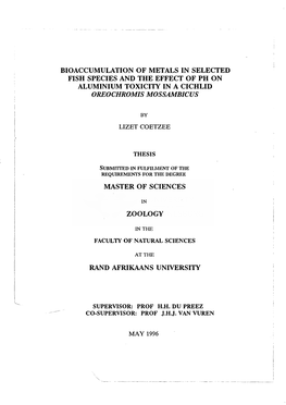 Bioaccumulation of Metals in Selected Fish Species and the Effect of Ph on Aluminium Toxicity in a Cichlid Oreochromis Mossambicus