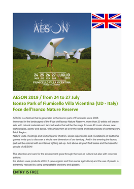 AESON 2019 / from 24 to 27 July Isonzo Park of Fiumicello Villa Vicentna (UD - Italy) Foce Dell'isonzo Nature Reserve