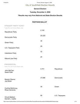 City of Southfield Election Results