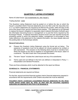 Form 5 Quarterly Listing Statement Is True