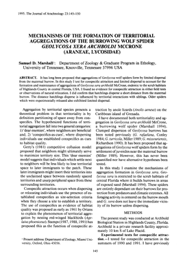 Mechanisms of the Formation of Territorial Aggregations of the Burrowing Wolf Spide R Geolycosa Xera Archboldi Mccrone (Araneae, Lycosidae)