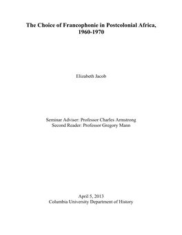 The Choice of Francophonie in Postcolonial Africa, 1960-1970