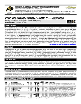 2005 COLORADO Football: GAME 9 — MISSOURI Saturday, November 5 in Boulder (1:30 P.M