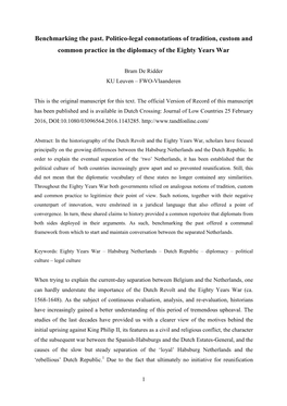 Benchmarking the Past. Politico-Legal Connotations of Tradition, Custom and Common Practice in the Diplomacy of the Eighty Years War