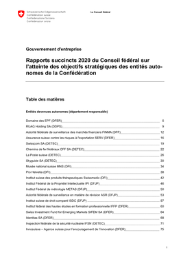 Rapports Succincts 2020 Du Conseil Fédéral Sur L'atteinte Des Objectifs Stratégiques Des Entités Auto- Nomes De La Confédération