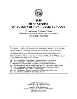 2015 North Carolina DIRECTORY of NON-PUBLIC SCHOOLS