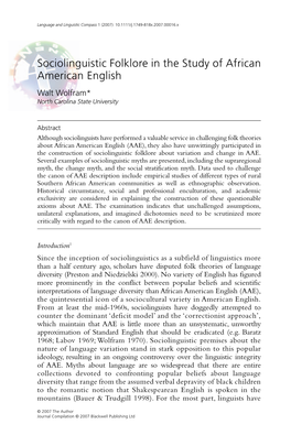 Sociolinguistic Folklore in the Study of African American English Walt Wolfram* North Carolina State University