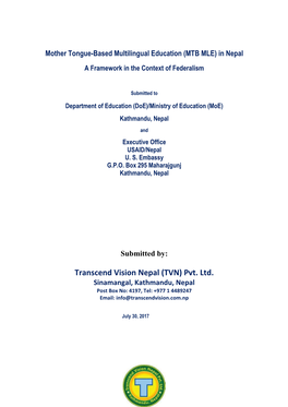 Mother Tongue-Based Multilingual Education (MTB MLE) in Nepal a Framework in the Context of Federalism