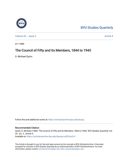 The Council of Fifty and Its Members, 1844 to 1945