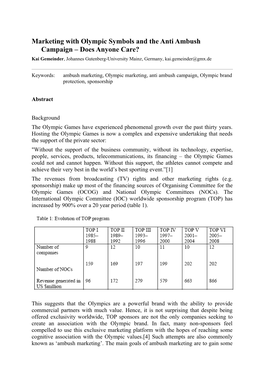 Marketing with Olympic Symbols and the Anti Ambush Campaign – Does Anyone Care? Kai Gemeinder, Johannes Gutenberg-University Mainz, Germany, Kai.Gemeinder@Gmx.De