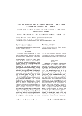 Avaliações Fenotípicas Da Raça Bovina Curraleiro Pé-Duro Do Semiárido Do Brasil