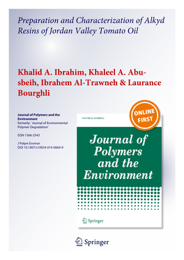 Preparation and Characterization of Alkyd Resins of Jordan Valley Tomato Oil