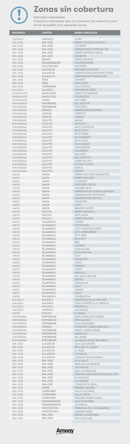 Zonas Sin Cobertura Estimados Empresarios Queremos Informarles Que No Contamos Con Cobertura Para Envíos De Pedido a Las Siguientes Zonas