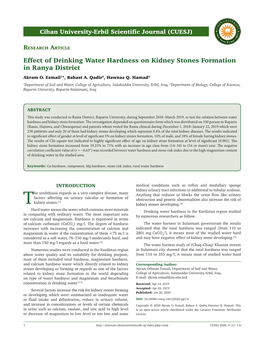 Effect of Drinking Water Hardness on Kidney Stones Formation in Ranya District Akram O