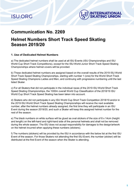 Communication No. 2269 Helmet Numbers Short Track Speed Skating Season 2019/20