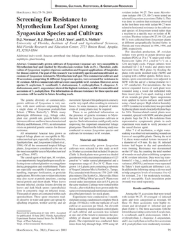 Screening for Re Sis Tance to Myrothecium Leaf Spot Among Syngonium Species and Cultivars