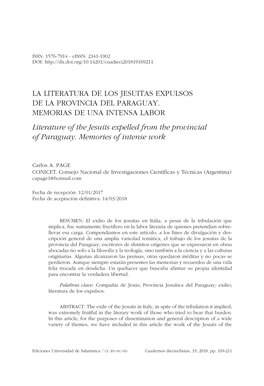 Literatura De Los Jesuitas Expulsos De La Provincia Del Paraguay