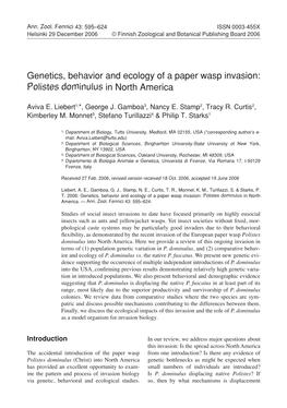 Genetics, Behavior and Ecology of a Paper Wasp Invasion: Polistes Dominulus in North America