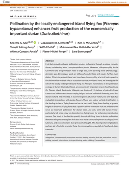 Pollination by the Locally Endangered Island Flying Fox (Pteropus Hypomelanus) Enhances Fruit Production of the Economically Important Durian (Durio Zibethinus)