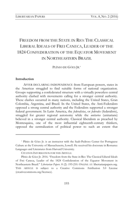 The Classical Liberal Ideals of Frei Caneca, Leader of the 1824 Confederation of the Equator Movement in Northeastern Brazil