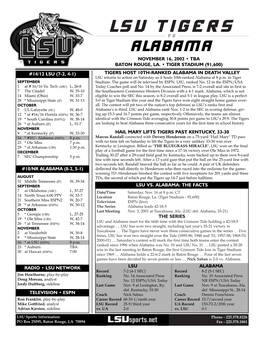 Lsu Tigers V S Alabama November 16, 2002 • Tba Baton Rouge, La