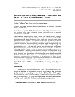 The Implementation of Good Agricultural Practice Among Rice Farmers in Eastern Region of Bangkok, Thailand