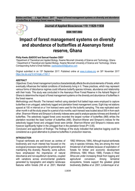 Impact of Forest Management Systems on Diversity and Abundance of Butterflies at Asenanyo Forest Reserve, Ghana Journal of Applied Biosciences 119: 11829-11838