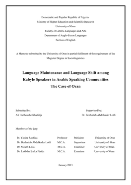 Language Maintenance and Language Shift Among Kabyle Speakers in Arabic Speaking Communities the Case of Oran