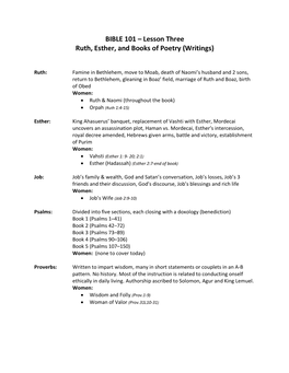 BIBLE 101 – Lesson Three Ruth, Esther, and Books of Poetry (Writings)