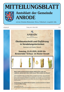 MITTEILUNGSBLATT Amtsblatt Der Gemeinde ANRODE Mit Den Ortsteilen Bickenriede, Dörna, Hollenbach, Lengefeld, Zella