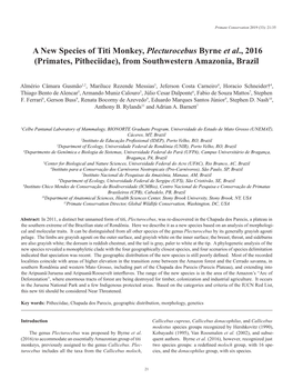 A New Species of Titi Monkey, Plecturocebus Byrne Et Al., 2016 (Primates, Pitheciidae), from Southwestern Amazonia, Brazil