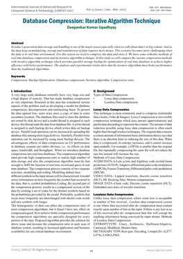 Database Compression: Iterative Algorithm Technique Deepankar Kumar Upadhyay