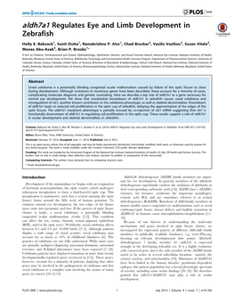 Aldh7a1 Regulates Eye and Limb Development in Zebrafish