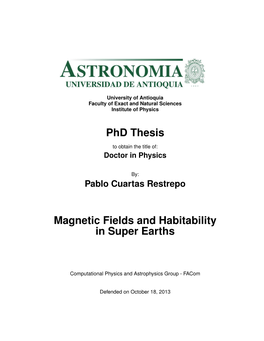 Phd Thesis Magnetic Fields and Habitability in Super Earths