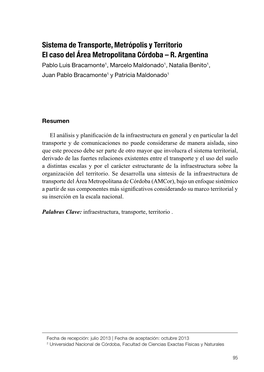 Sistema De Transporte, Metrópolis Y Territorio El Caso Del Área Metropolitana Córdoba – R. Argentina