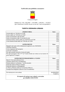 Tariffe Delle Auto Pubbliche a Tassametro