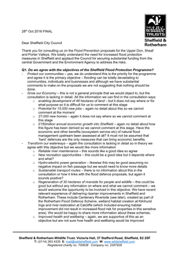 28Th Oct 2016 FINAL Dear Sheffield City Council Thank You for Consulting Us on the Flood Prevention Proposals for the Upper